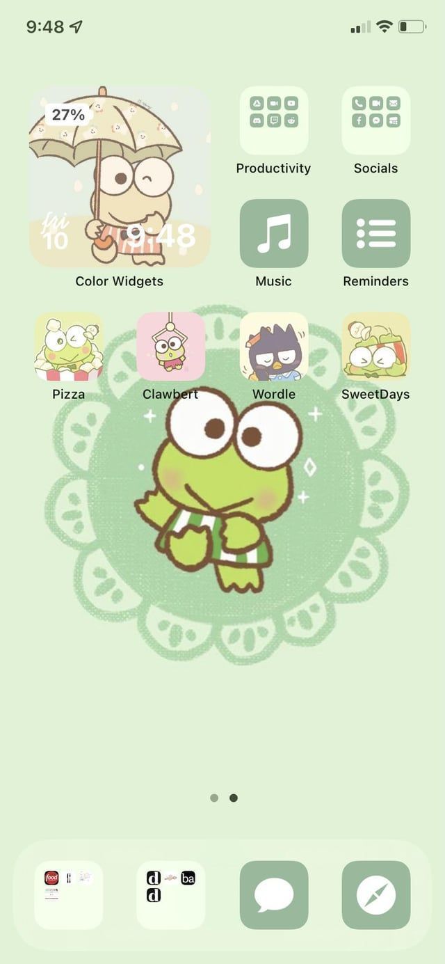 A green phone home screen with a cute frog on it - Keroppi
