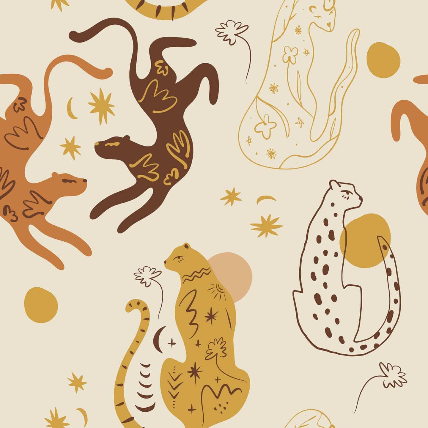 A seamless pattern of hand drawn leopards, cubs and stars in a warm, earthy palette - Beige, leopard