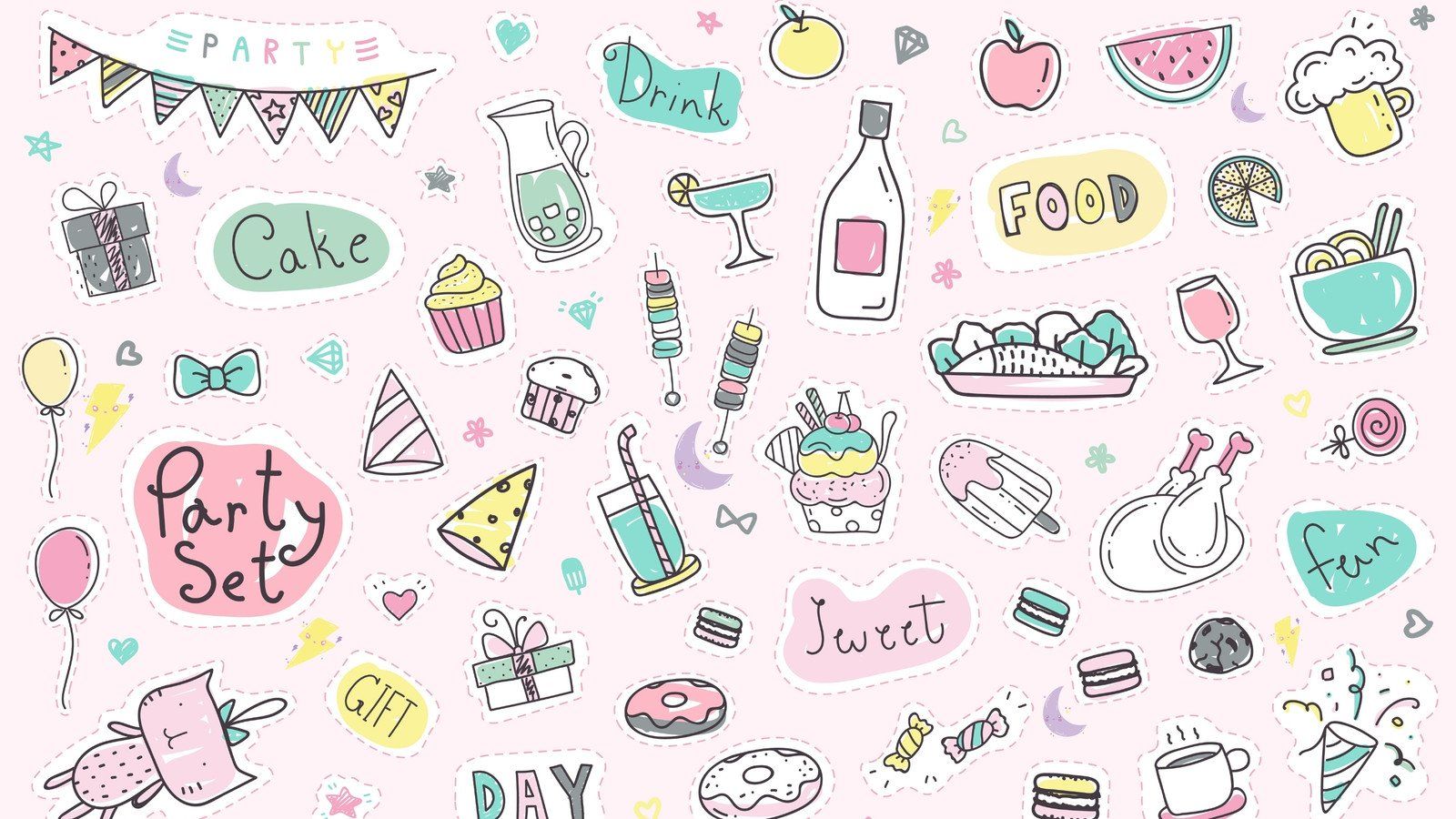 A pastel colored pattern of stickers with food, drinks, and party elements. - Kawaii