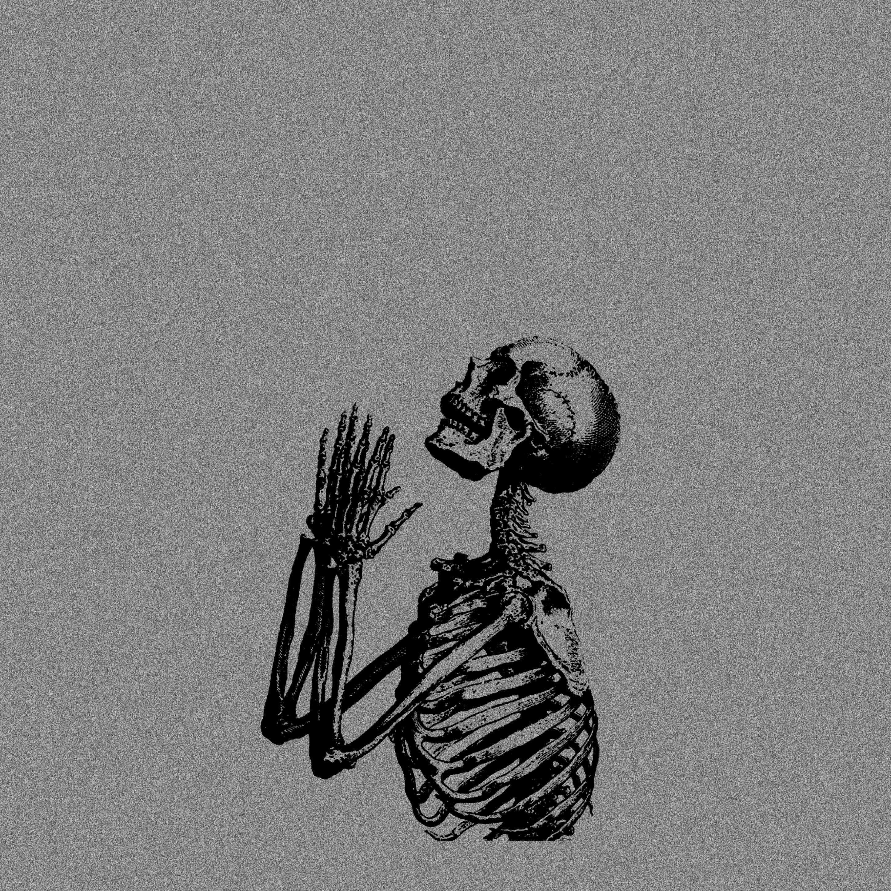 Download Praying Skeleton Aesthetic Gray Wallpaper