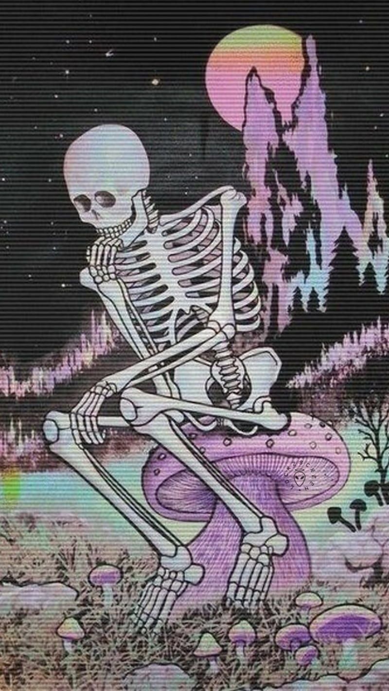 Pastel Skeleton, acid, drawings, halloween, moon, mushrooms, pastel, skeleton, HD phone wallpaper