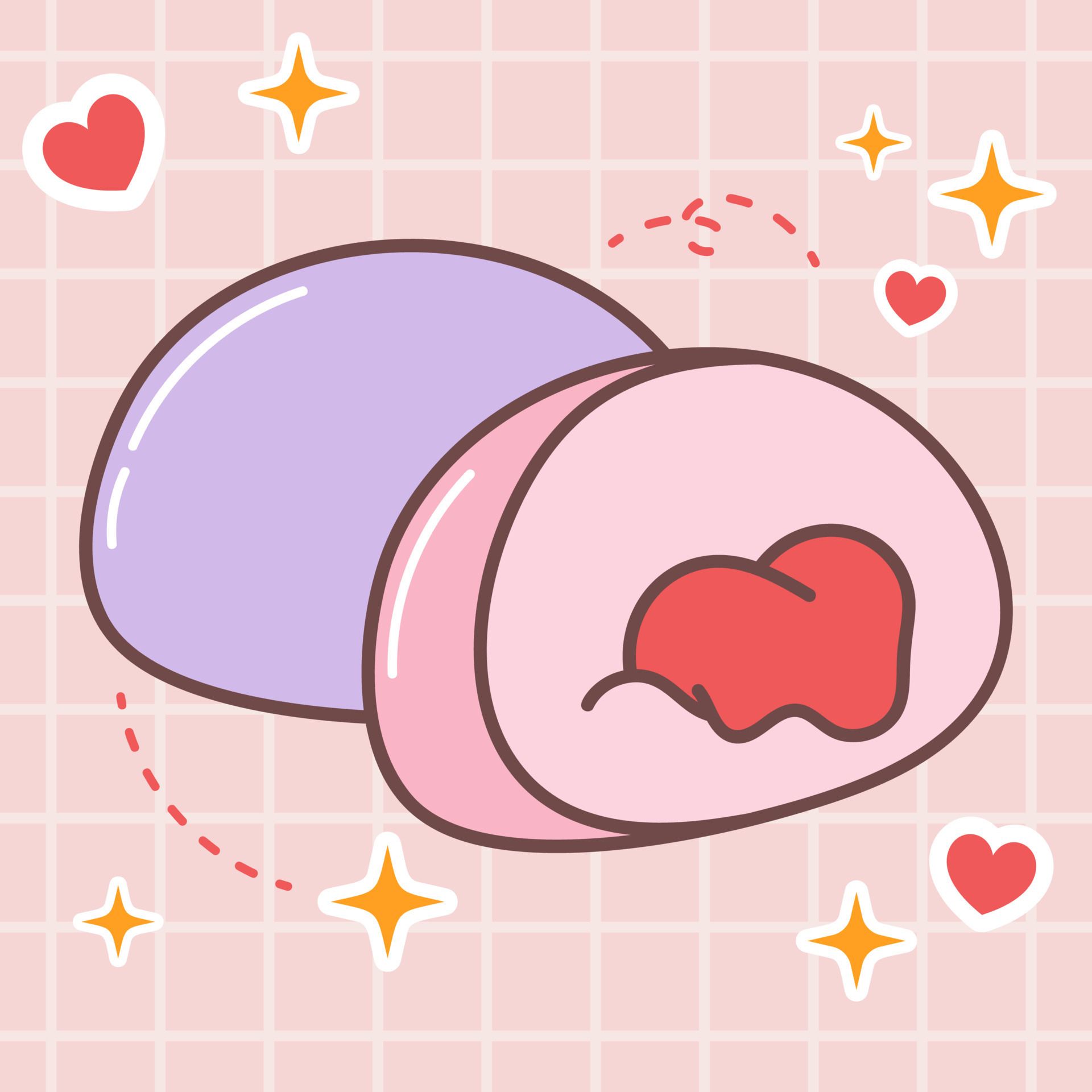 A sticker of two Japanese sweets, one pink and one purple, with a red bean paste filling. - Kawaii