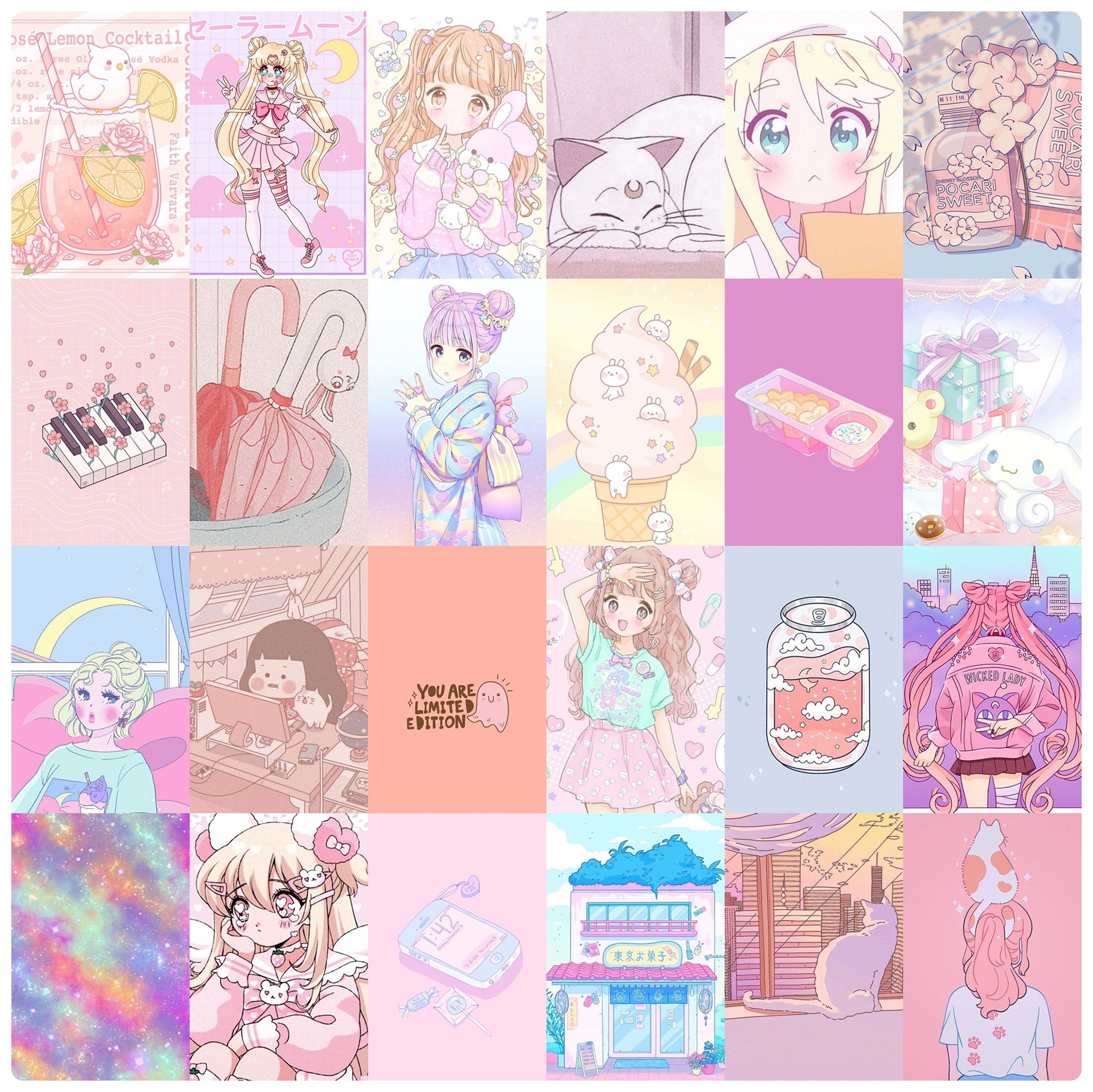 Aesthetic background of different anime characters and objects. - Kawaii