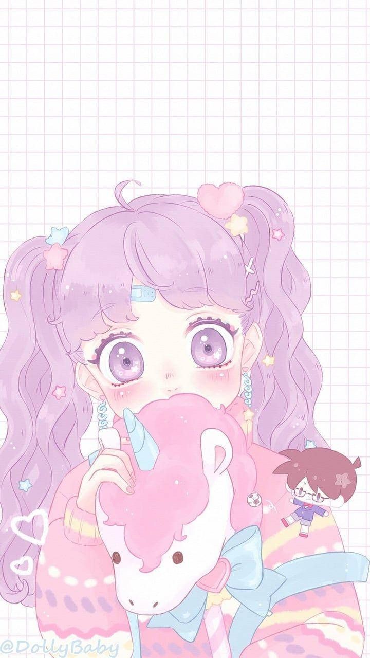 Girly wallpaper for phone with anime girl holding a pink unicorn - Kawaii