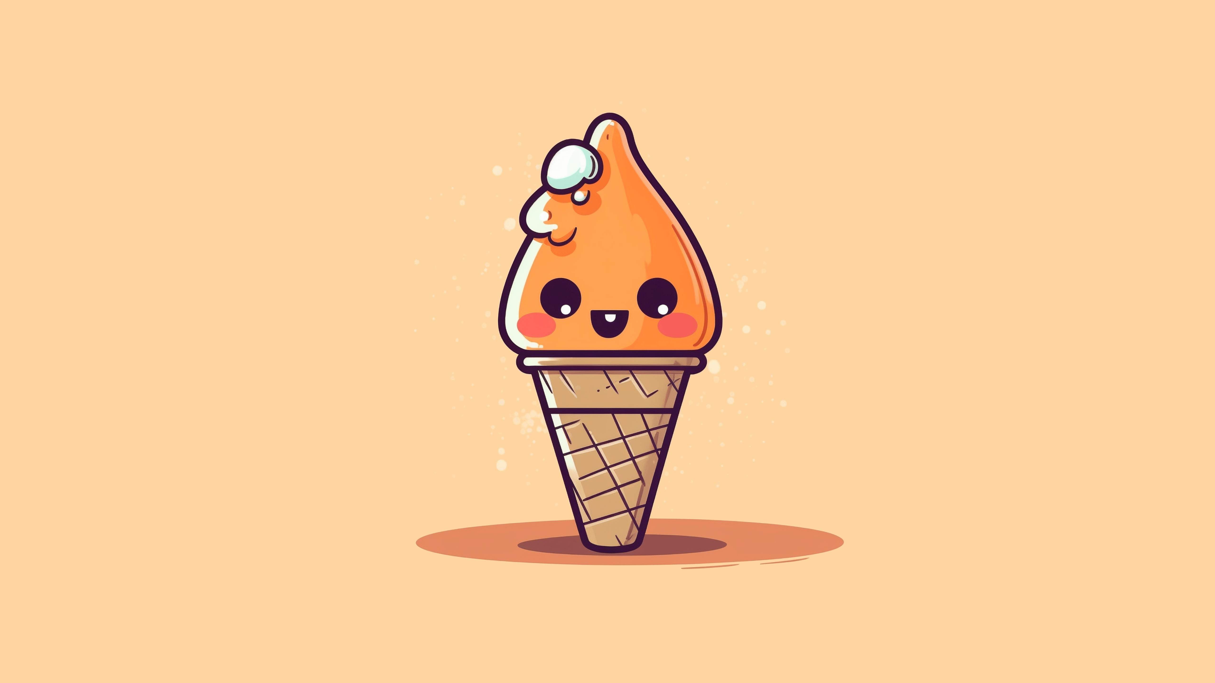 An illustration of a smiling ice cream cone with a brown waffle cone and a brown smiley face with a pink tongue and pink cheeks. - Kawaii, pretty, ice cream