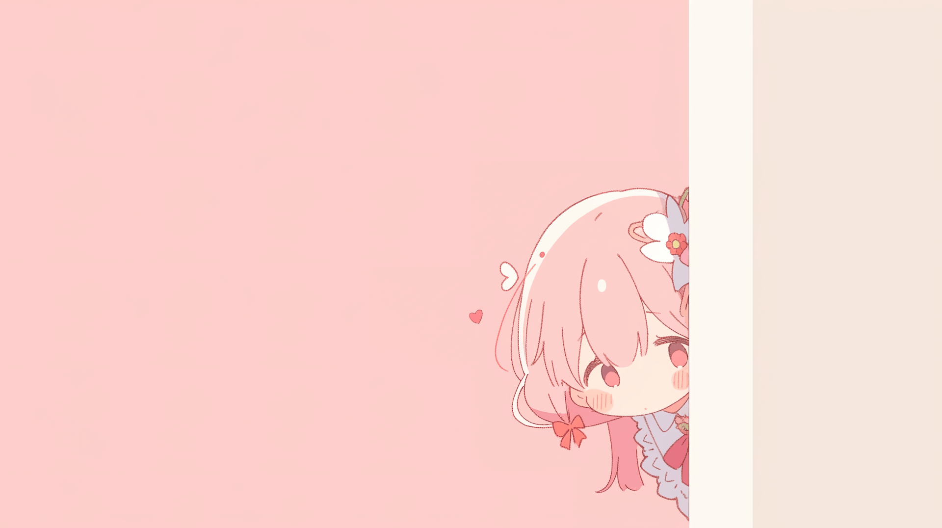 A cute anime girl with pink hair peeking out from behind a wall - Kawaii