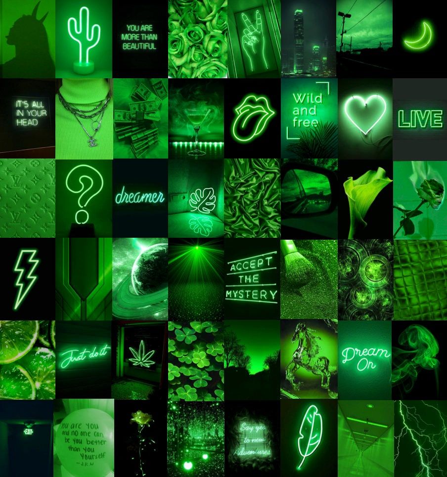 A collage of 36 green aesthetic pictures. - Neon green