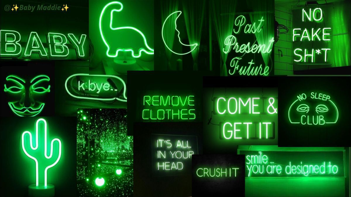 A collage of neon signs in green, including words like 