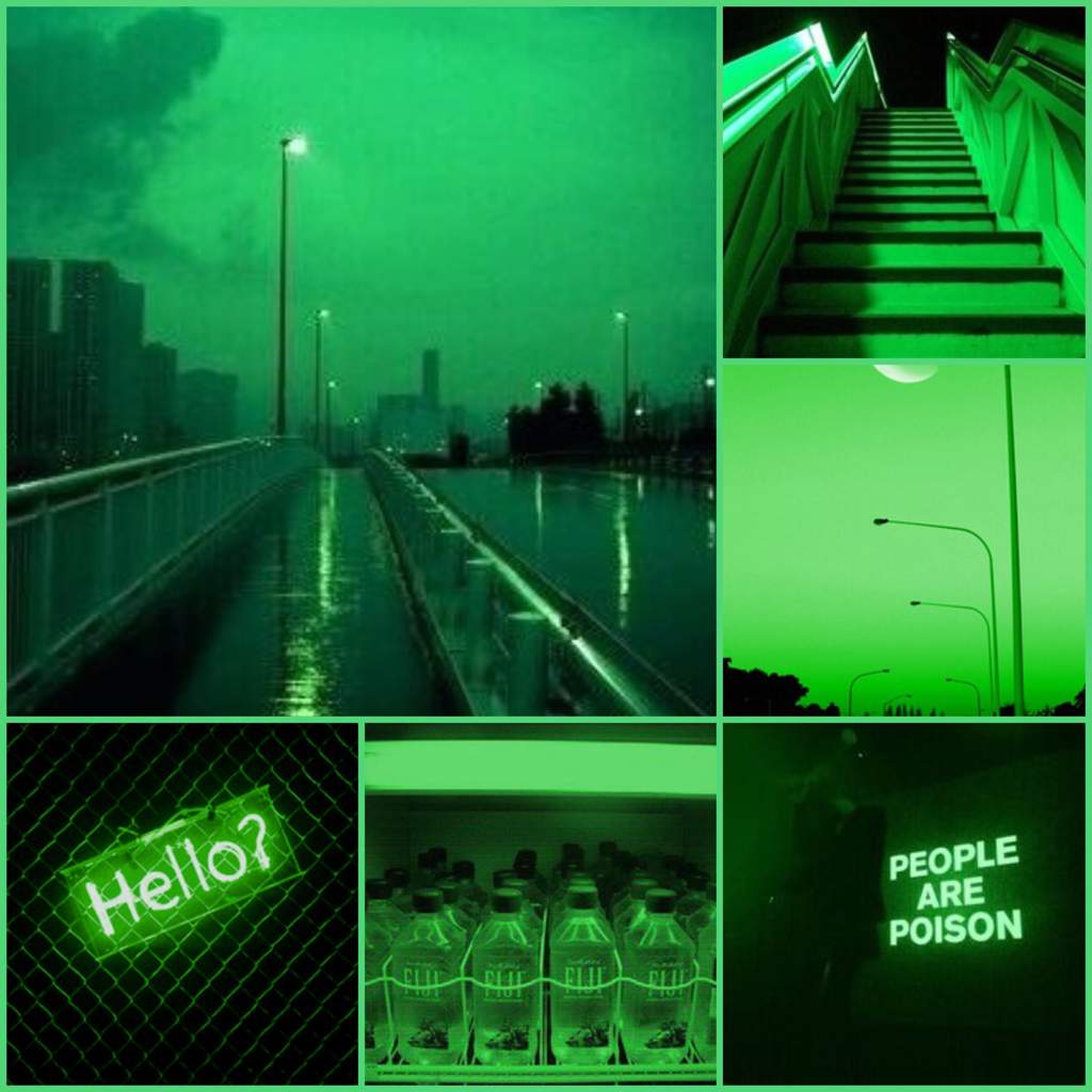 Aesthetic pictures of green neon lights, a city at night, a neon sign that says 