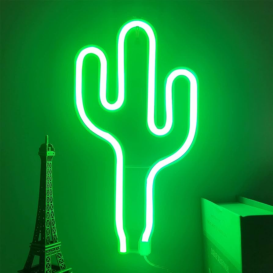 A neon green cactus light on a wall. - Neon green