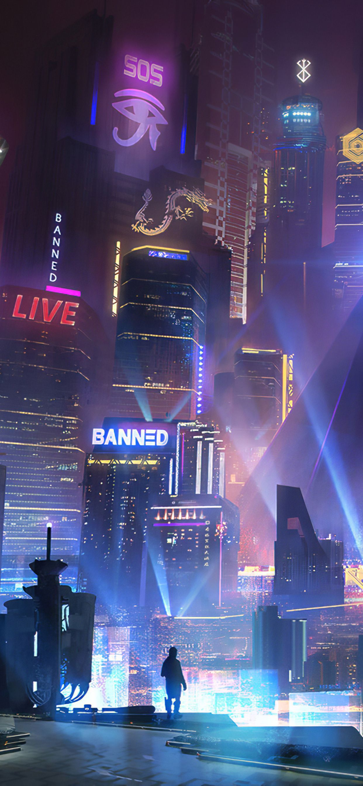 A cyberpunk city at night with a man standing in the middle of the street - Cyberpunk