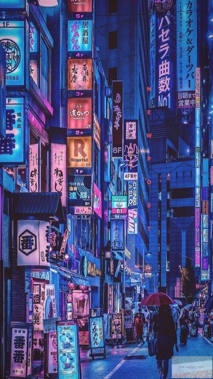 A city street at night with a lot of neon signs - Cyberpunk, Japan, Japanese