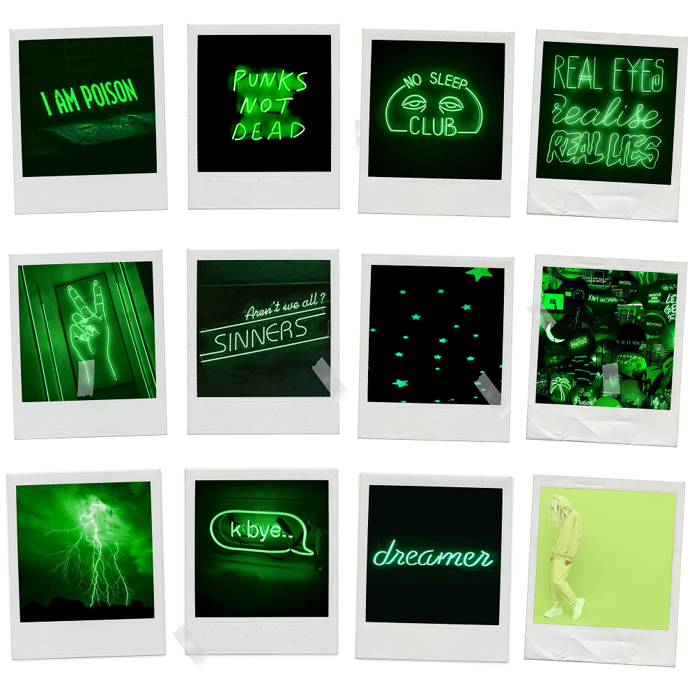 A collage of polaroids featuring green and black aesthetics - Neon green