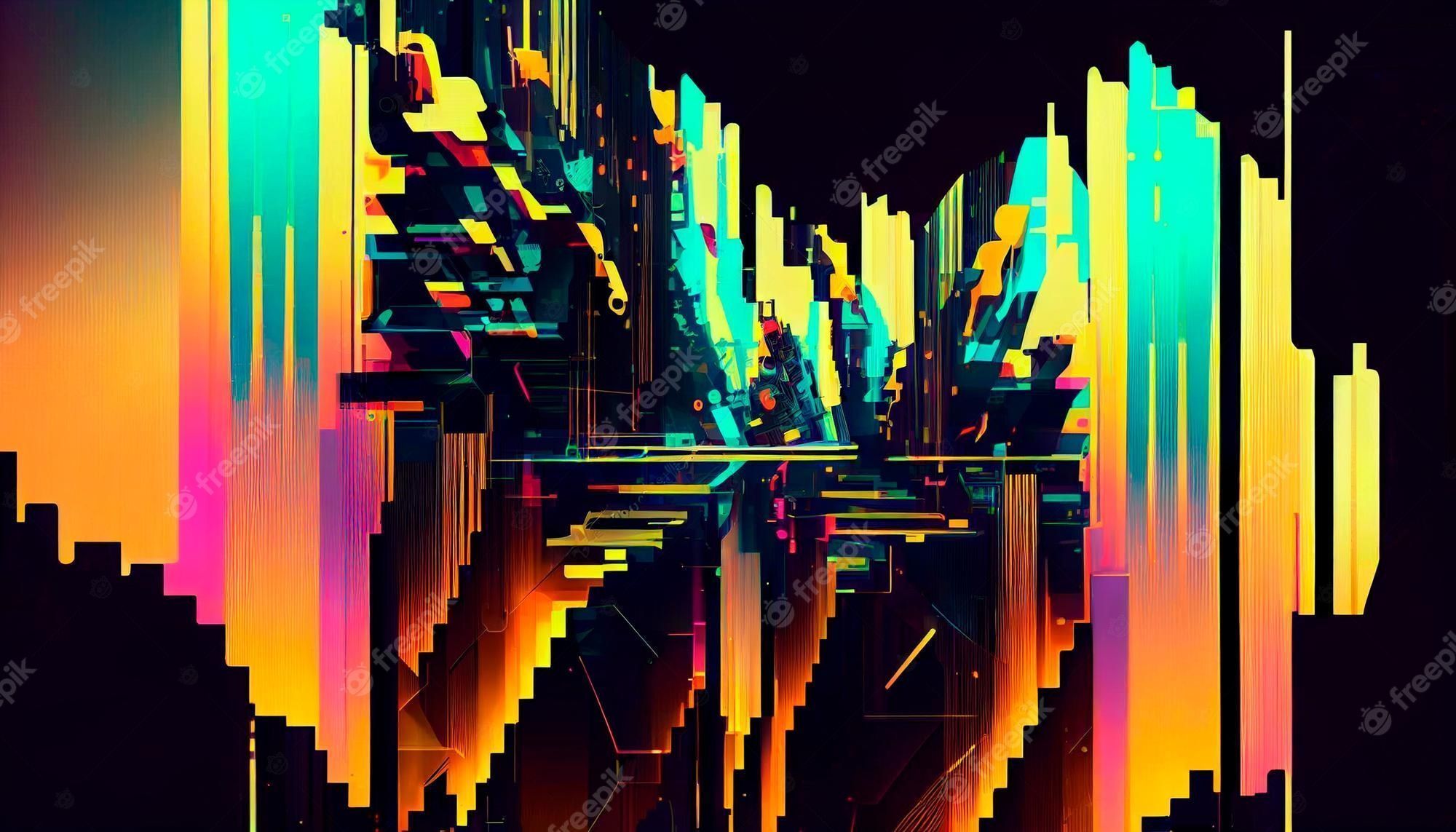 Digital illustration of a colorful city with tall buildings - Cyberpunk, technology