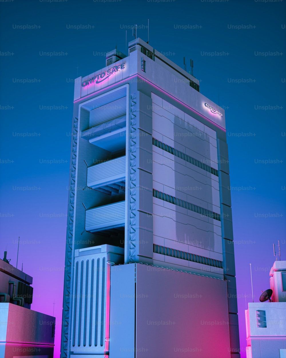 A tall building with a cryptocurrency sign lit up at night - Cyberpunk