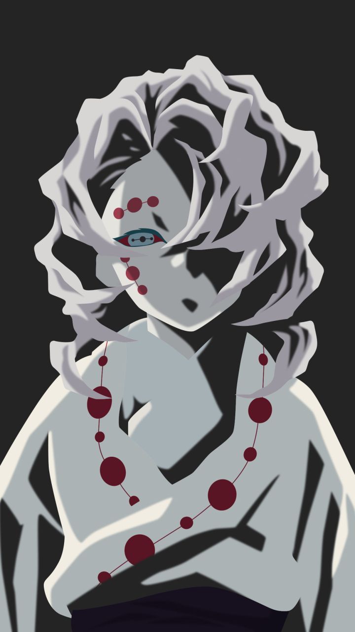 A digital illustration of a woman with white hair and a red necklace. - Demon Slayer