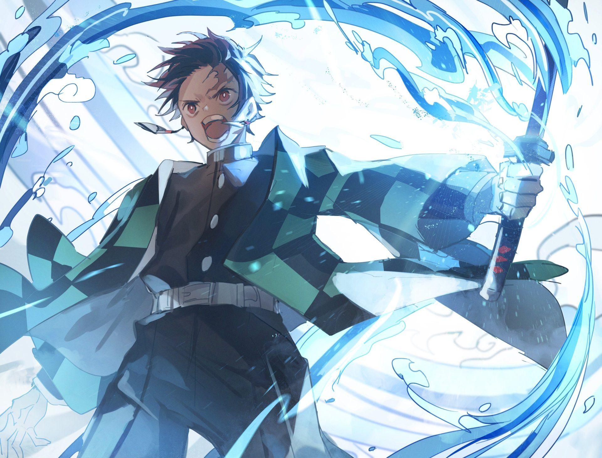 A character from the anime Demon Slayer, standing in a blue spiral of water with a sword in his hand - Demon Slayer