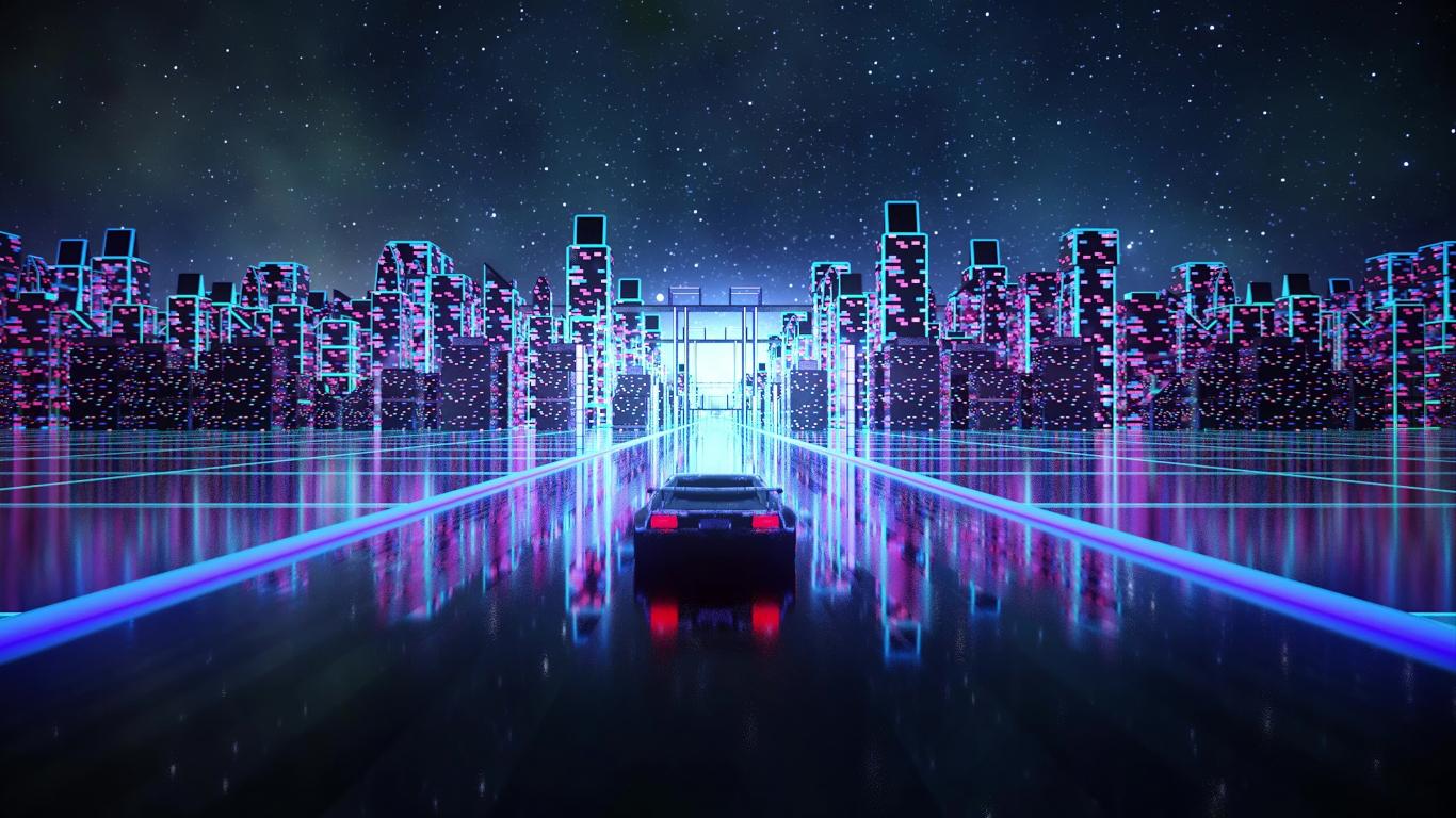 A car driving on a road with a cityscape in the background - Cyberpunk