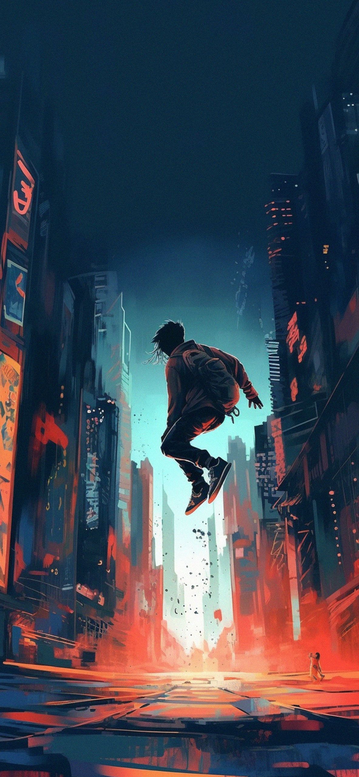 Skateboarder jumping in the air in a cityscape - Cyberpunk