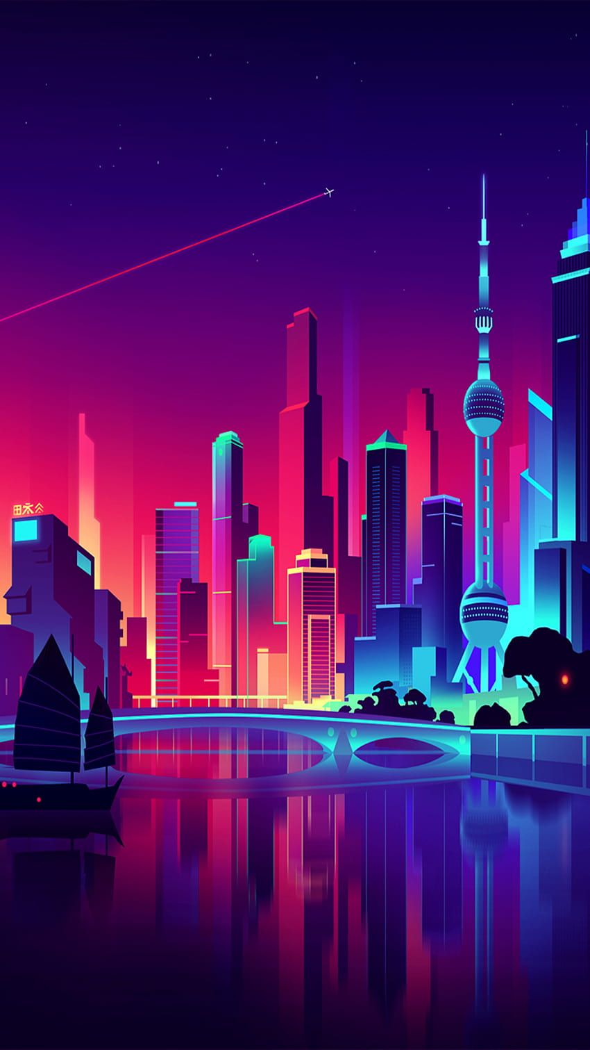 IPhone wallpaper for iOS 11, 1080x1920, 2018, neon, night, Shanghai, The Bund, vector - Cyberpunk