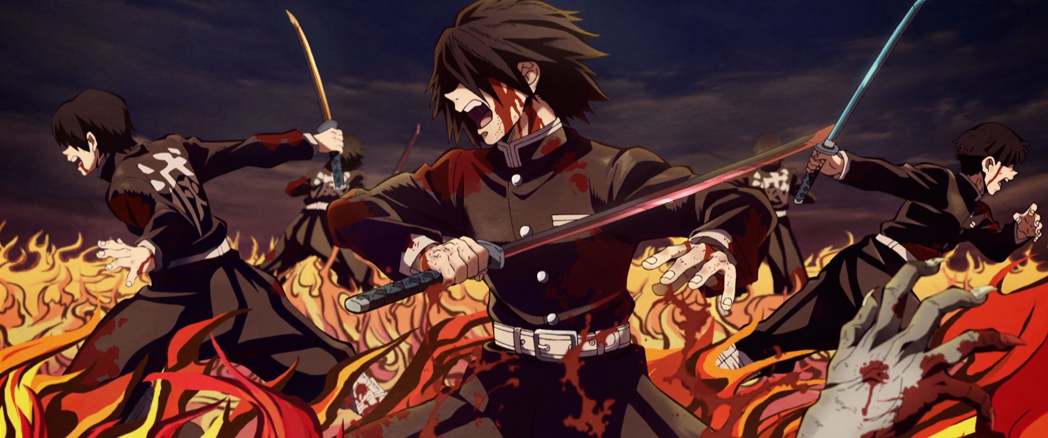 The three main characters of Fire Force, Shinra, Akitarou, and Arthur, stand in a line holding their swords in front of them, surrounded by flames - Demon Slayer