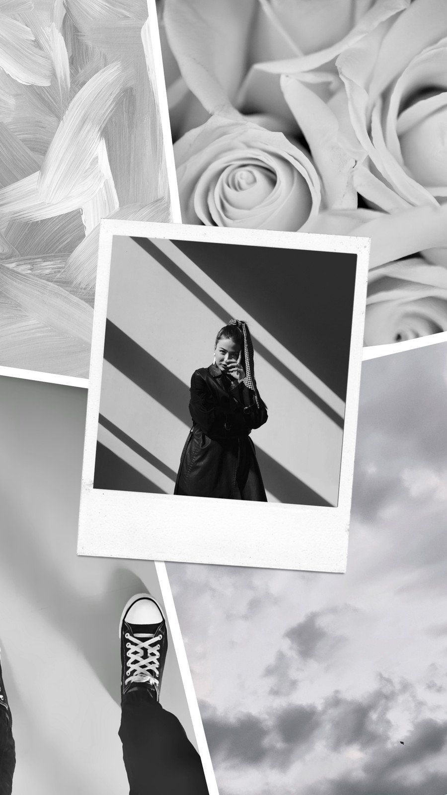 A collage of polaroid pictures of a woman, roses, converse shoes, and clouds. - Clean