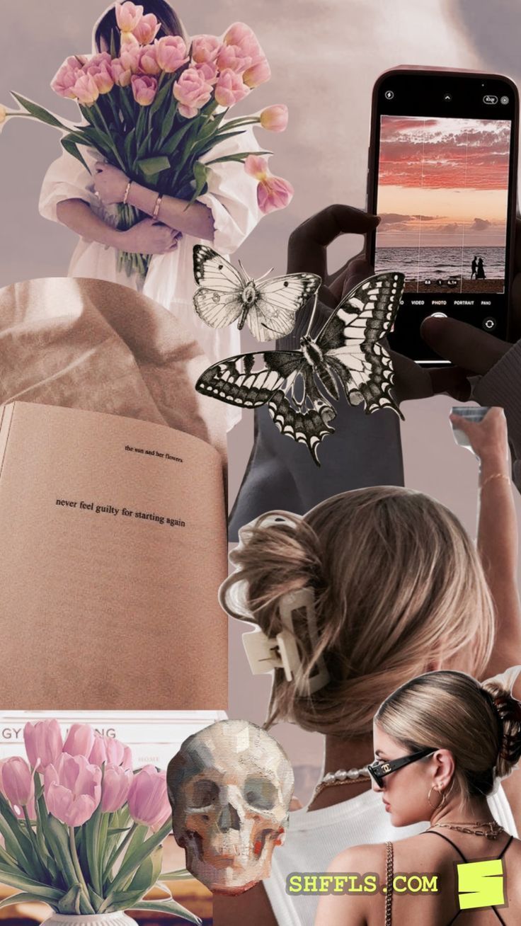 Aesthetic collage with a girl, tulips, butterfly, skull and book. Response format: { 