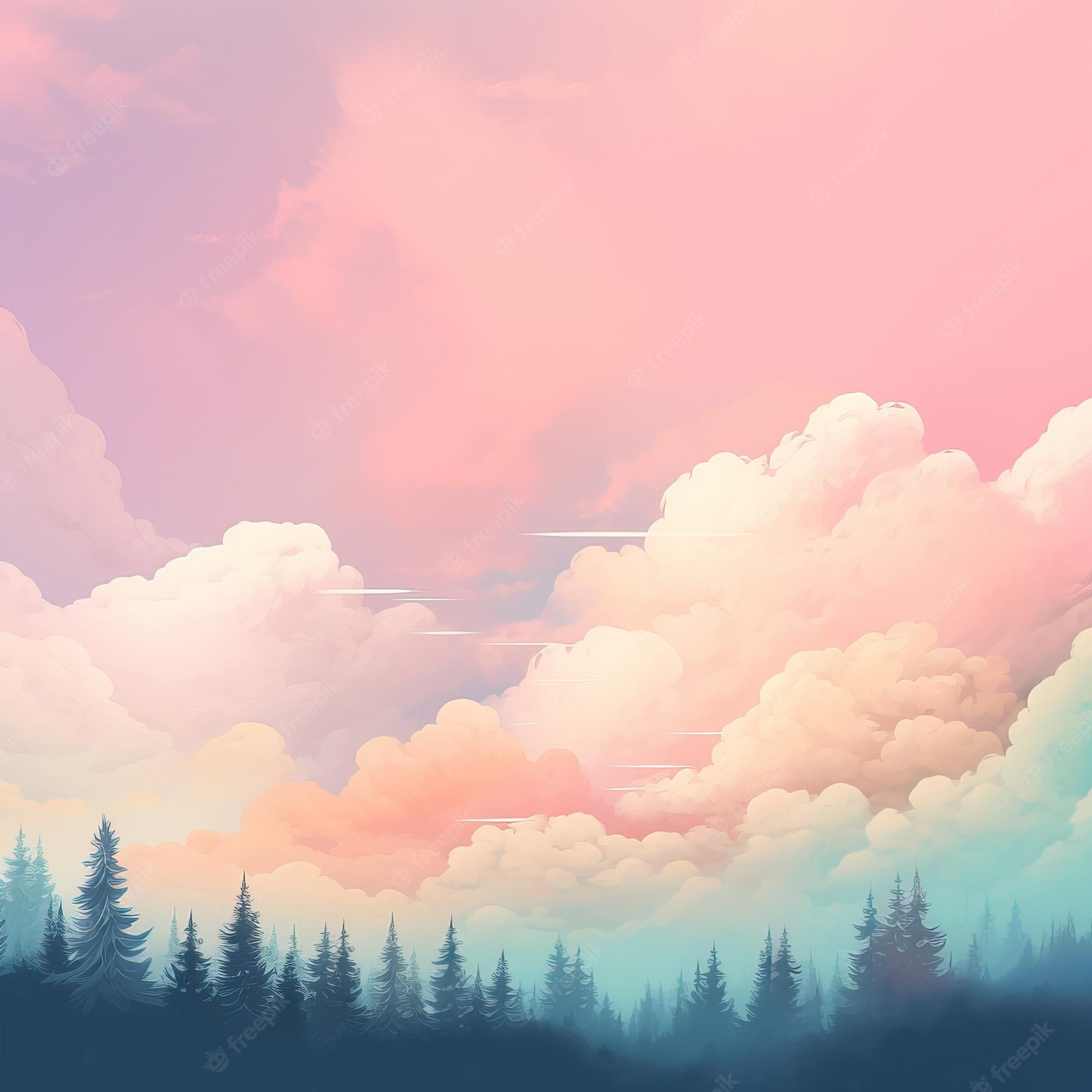 A digital painting of a forest landscape with pine trees and a pink sky - Clean