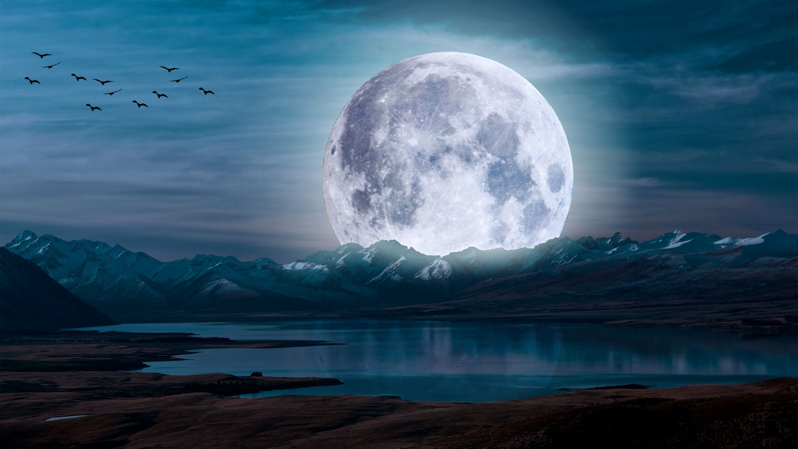 Moon Wallpaper 4K, Aesthetic, Night, Landscape, Lake