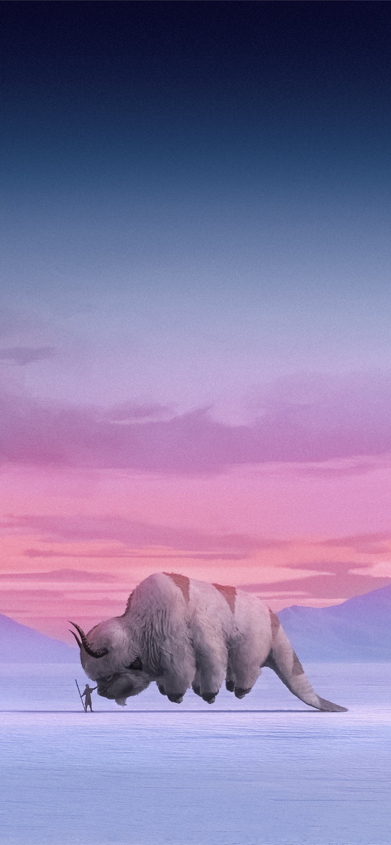 Picture of a white bison with a pink sky in the background - IPhone