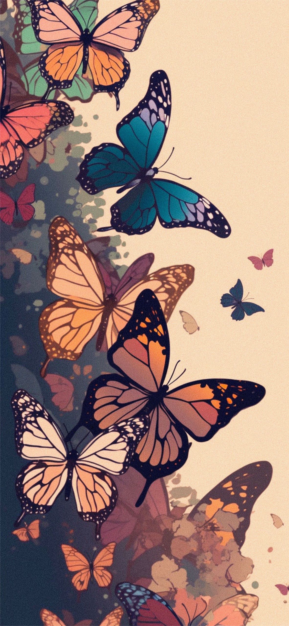 IPhone wallpaper of a painting of butterflies in orange, blue, and pink - Butterfly