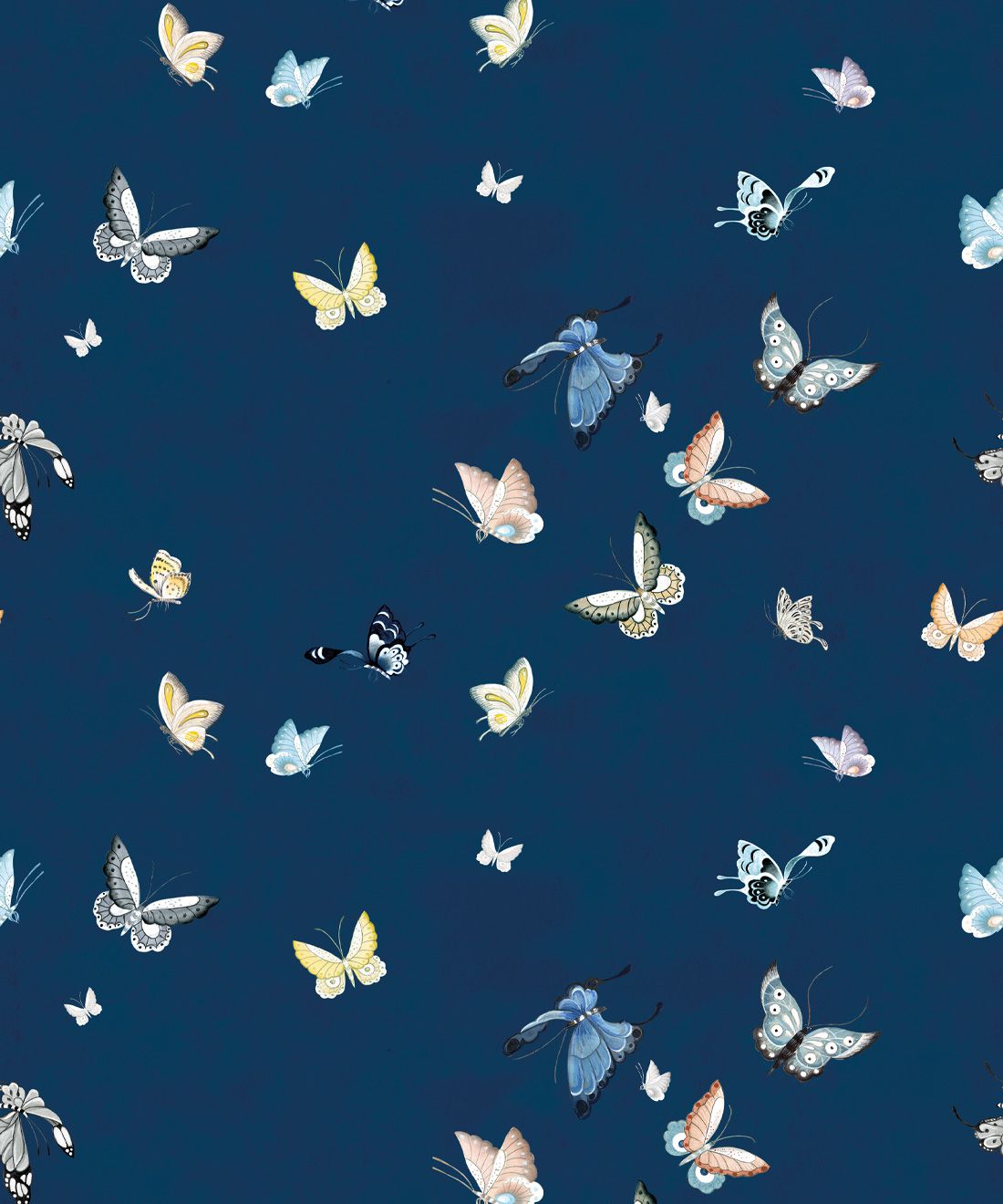 A pattern of colorful butterflies on a navy blue background - Butterfly