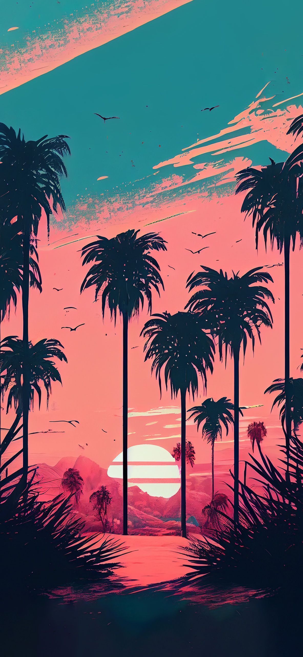 IPhone wallpaper sunset, palm trees, mountains, birds, colorful, pink, blue, green, aesthetic, illustration, iPhone 11, iPhone XS, iPhone XR, iPhone SE, iPhone 8, iPhone 7, iPhone 6, iPhone 6s - Summer