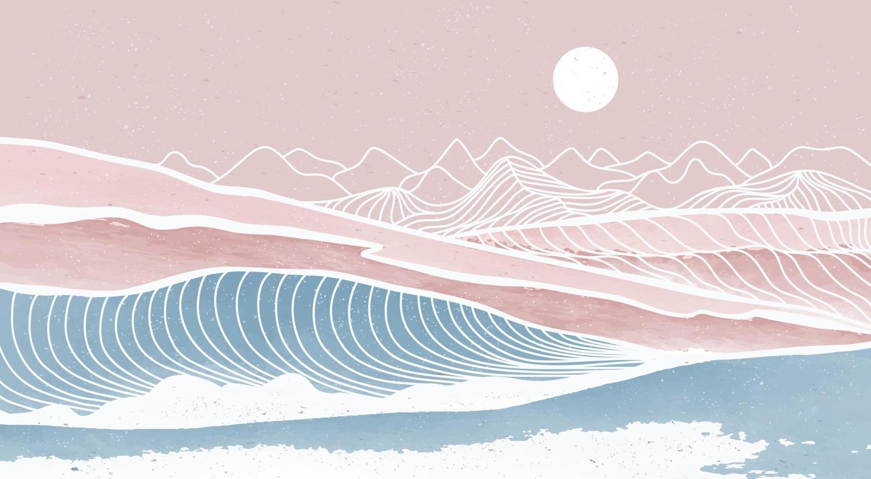 A pink and blue abstract landscape with mountains and a moon - Ocean, modern