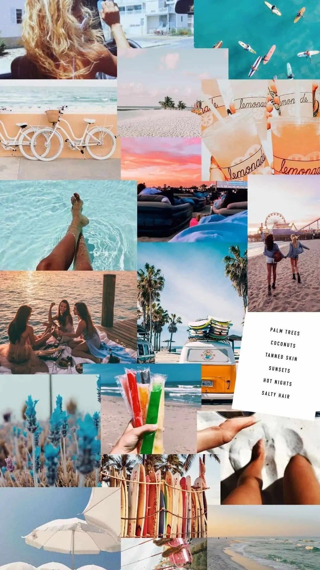 A collage of beach photos including girls, drinks, a bike, and a beach - Summer