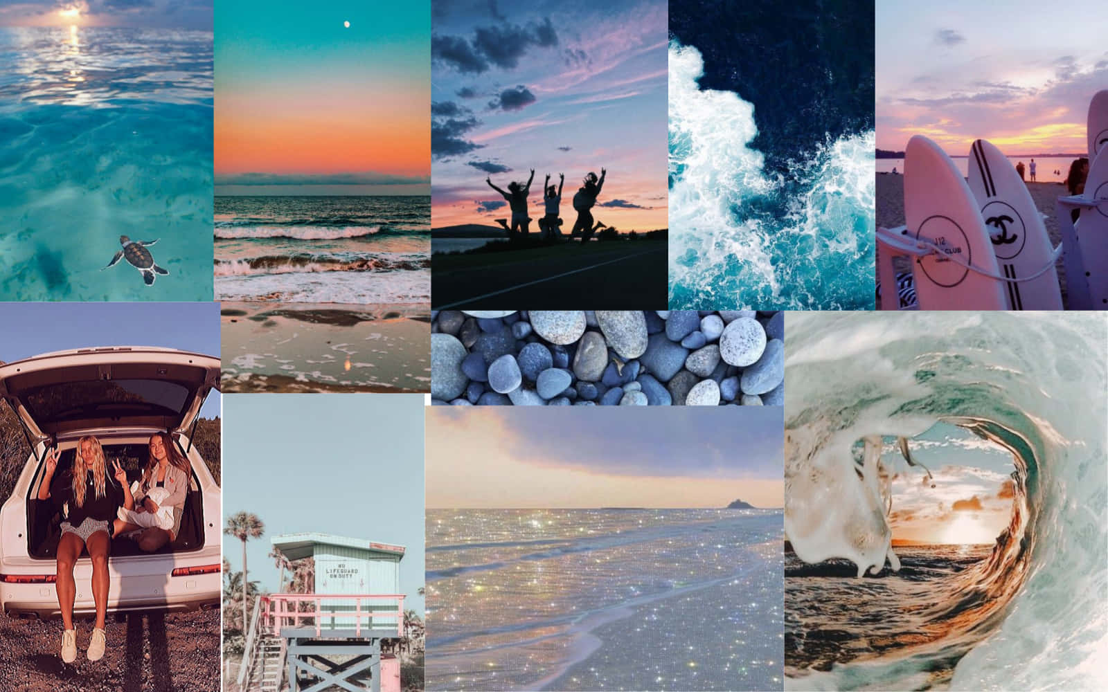 A collage of images featuring the ocean, beach, sunset, and surfing. - Summer