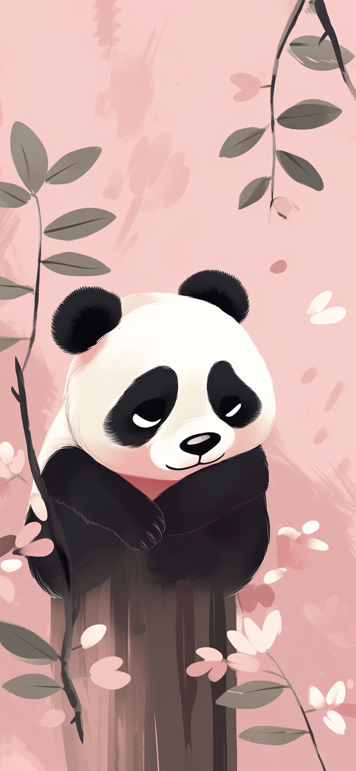 A panda bear sitting on a tree branch surrounded by leaves and flowers - Panda