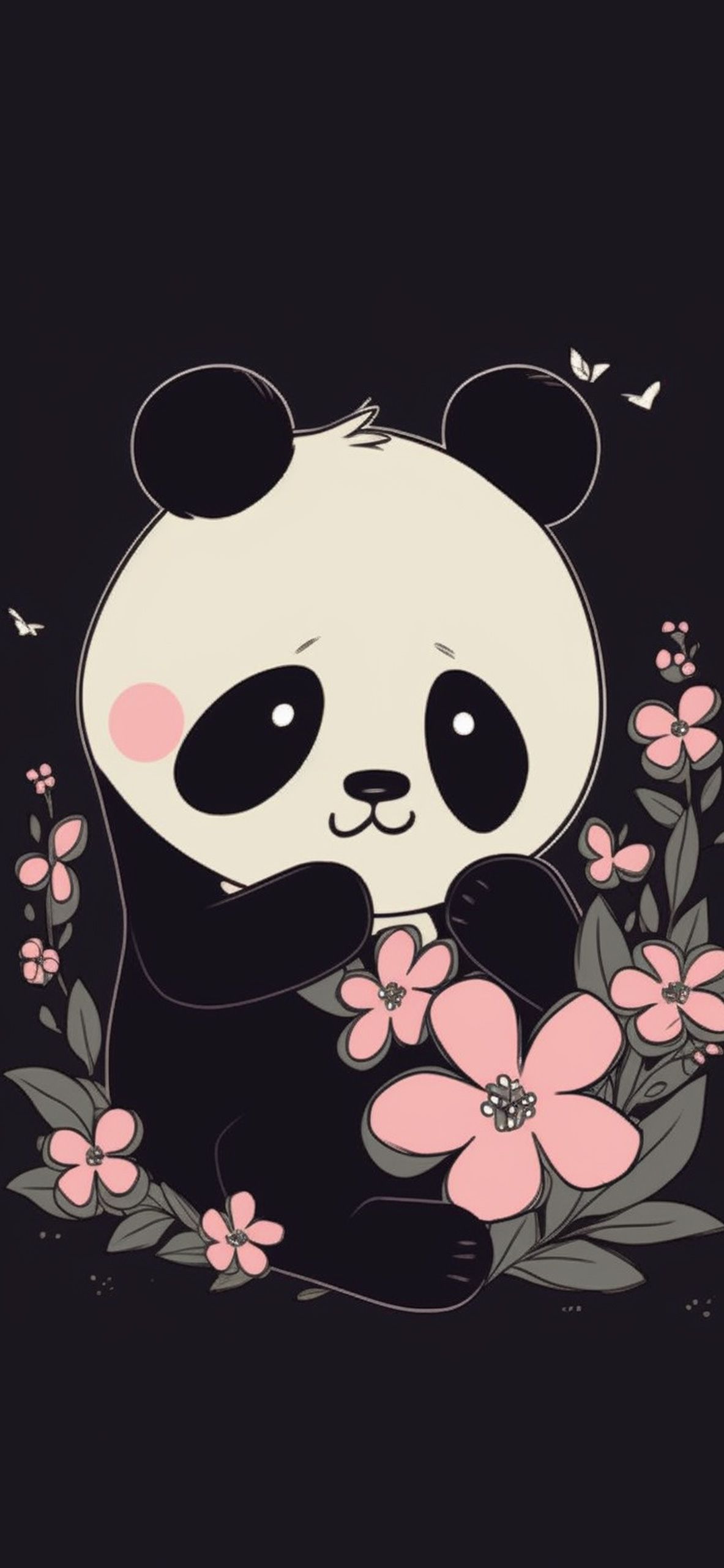 A black and white panda bear surrounded by pink flowers - Panda