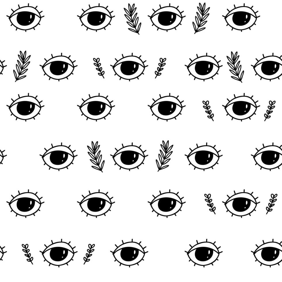 Hand drawn black and white pattern, doodle eyes and branches seamless wallpaper. Cute vector for baby, paper, fabric textile, home