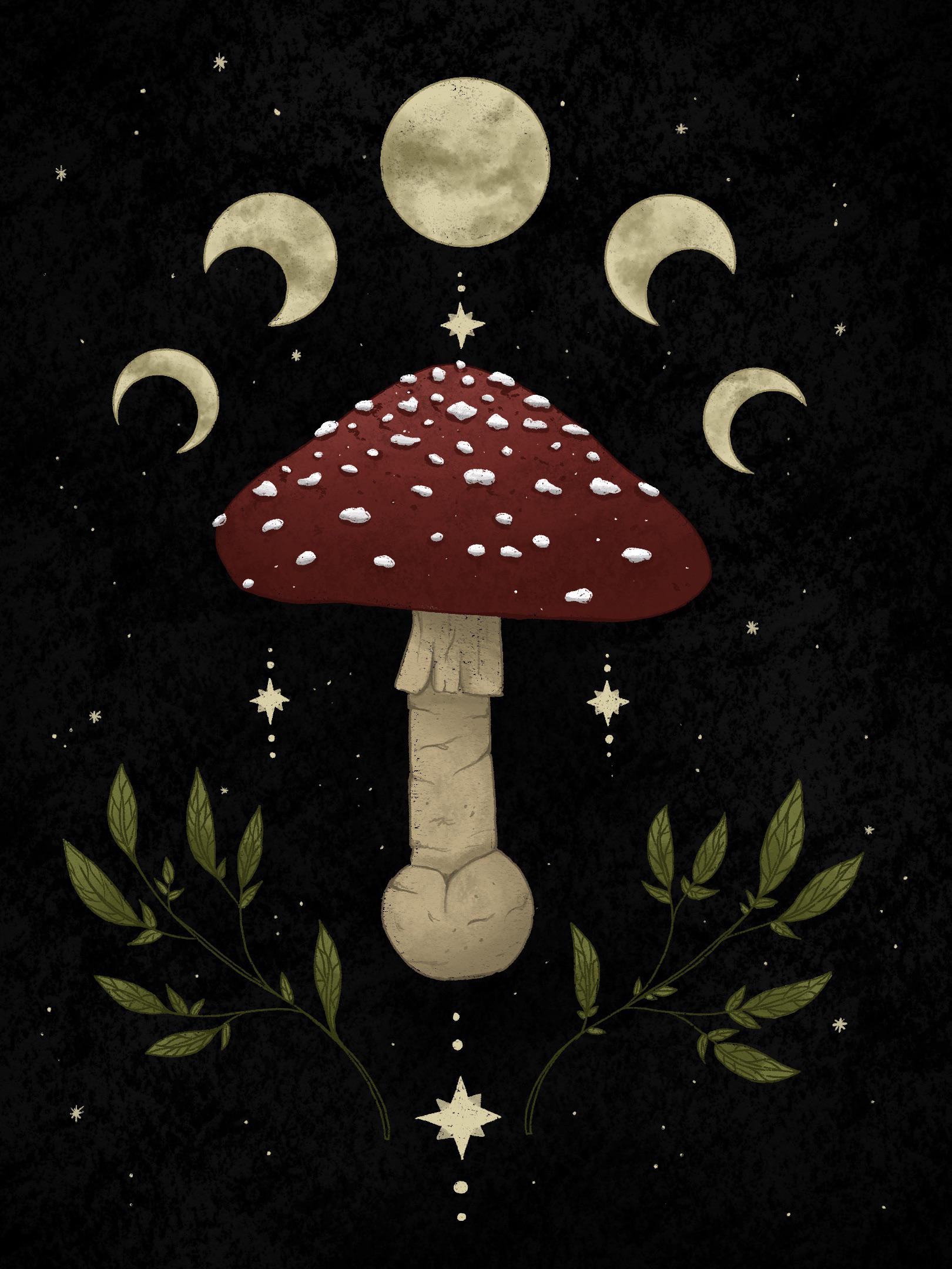 A digital illustration of a mushroom with red top and white spots and a white stem. It is standing on a black background with three yellow crescent moons on the top left, top right and the right side. There are green leaves on the bottom left and bottom right. - Goblincore