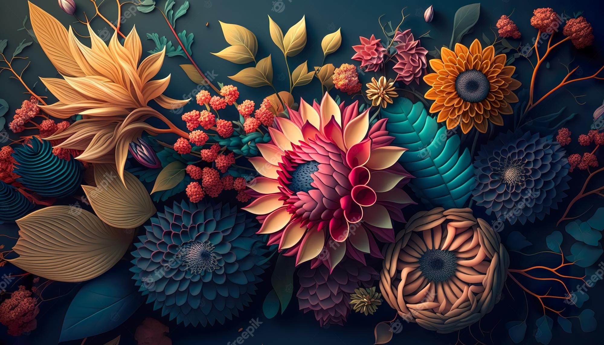 3d illustration of colorful flowers in a dark blue background - 3D