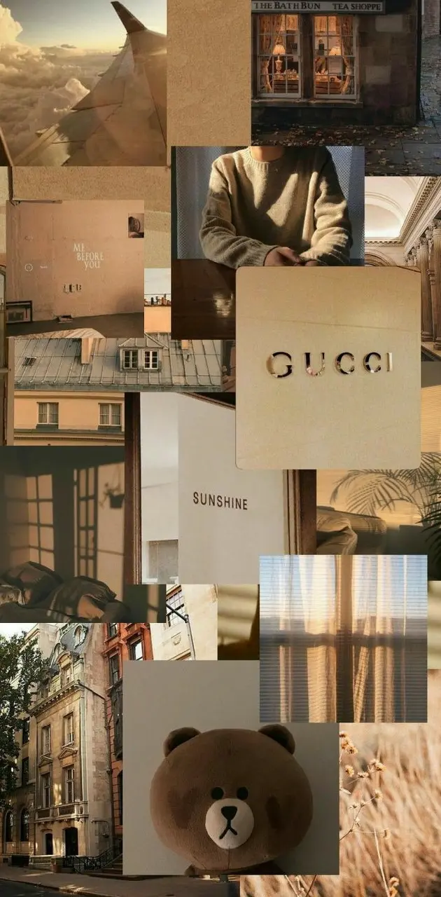 Aesthetic background of a collage of brown tones, featuring a Gucci logo, a teddy bear, and a man in a sweater. - Gucci, neutral