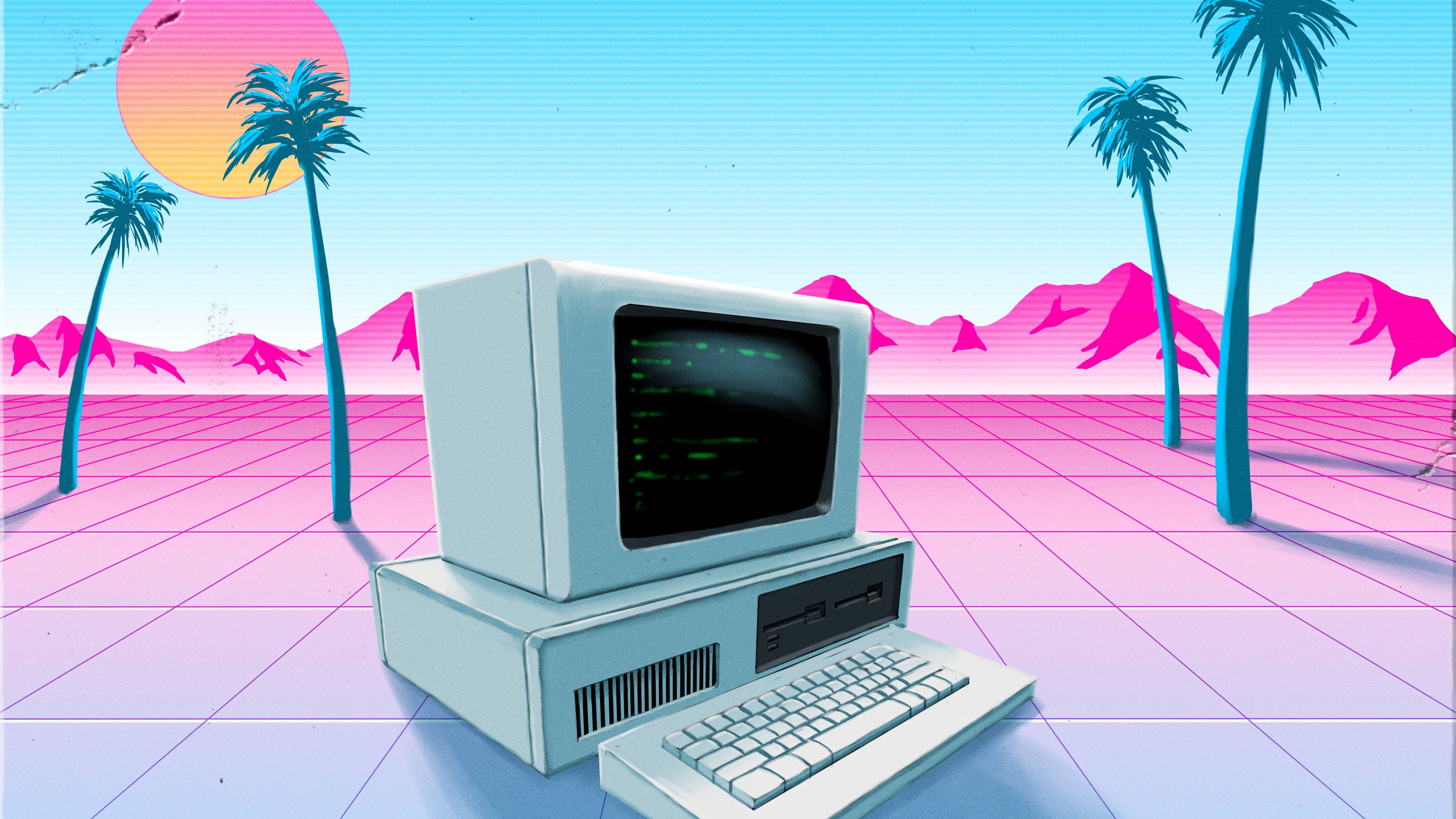 A computer on a beach with palm trees - Computer, synthwave, palm tree, technology, HD