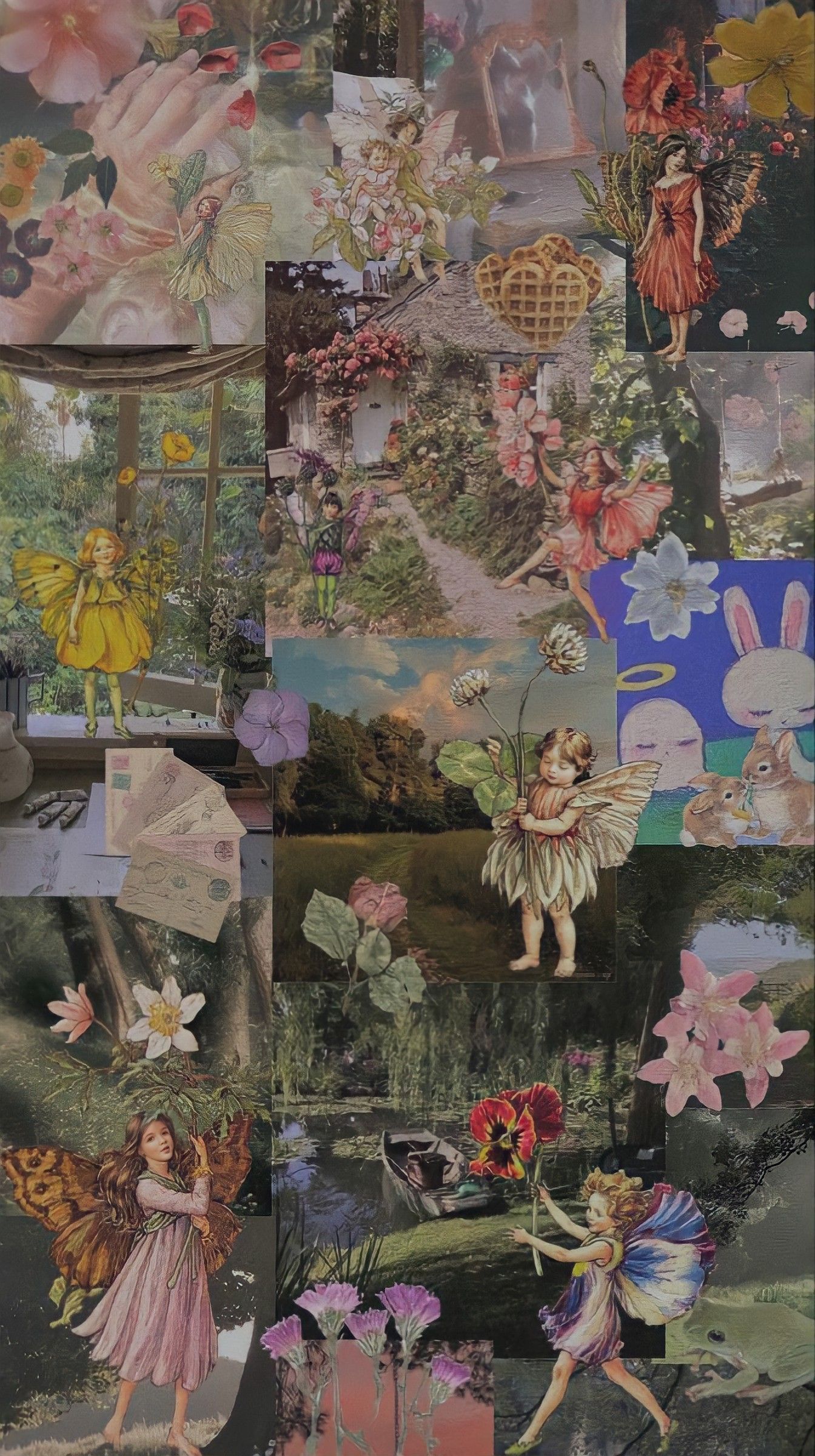 A collage of pictures of fairies, flowers, and nature. - Goblincore