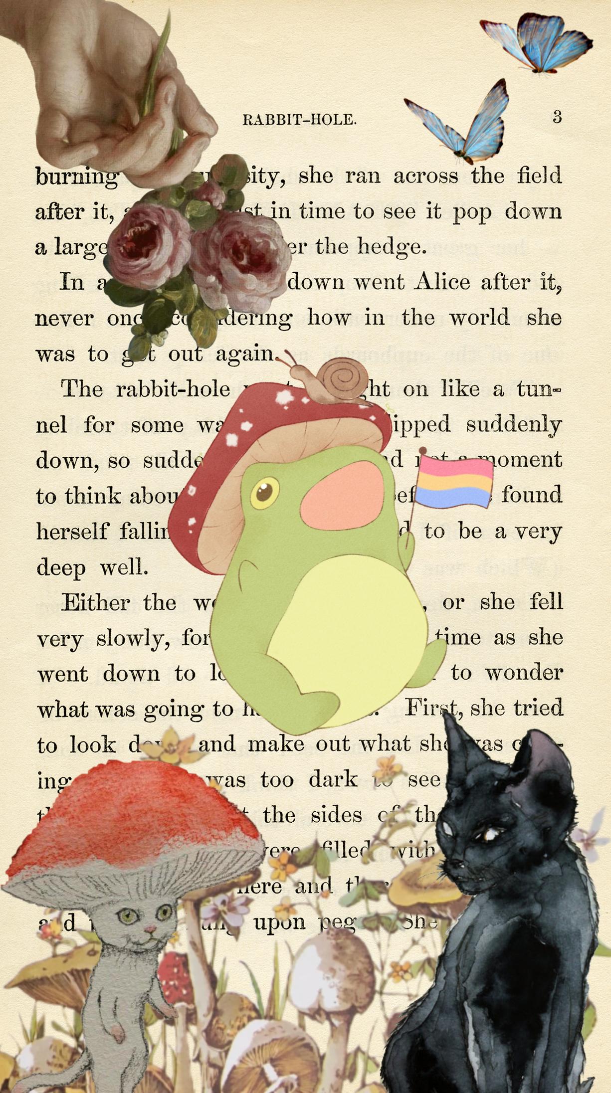 Collage of a black cat, a snail, a frog, a butterfly, and a quote from Alice in Wonderland. - Goblincore