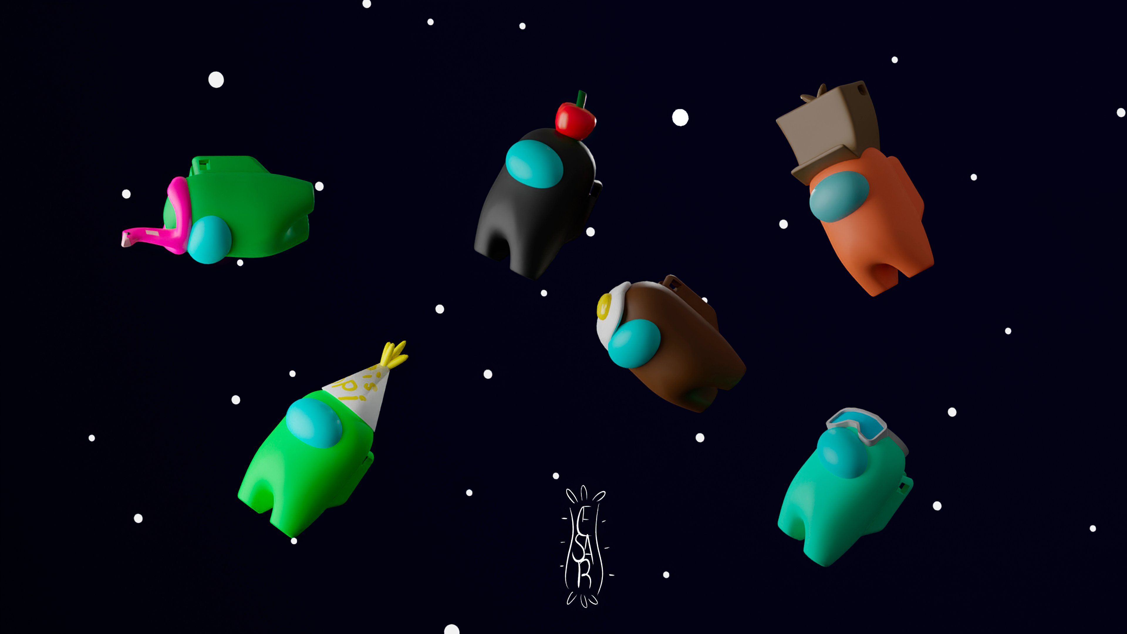 6 characters from the game Among Us floating in space - 3D