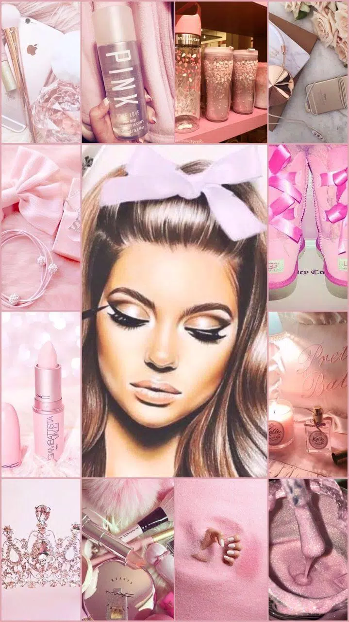Aesthetic pink collage background with makeup, bows, and a girl. - Makeup
