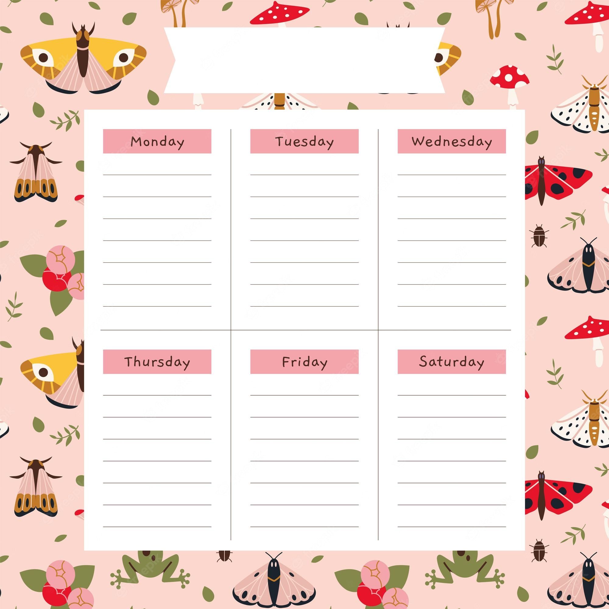 A weekly planner with a pink background and a pattern of mushrooms, moths, and ladybugs. - Goblincore