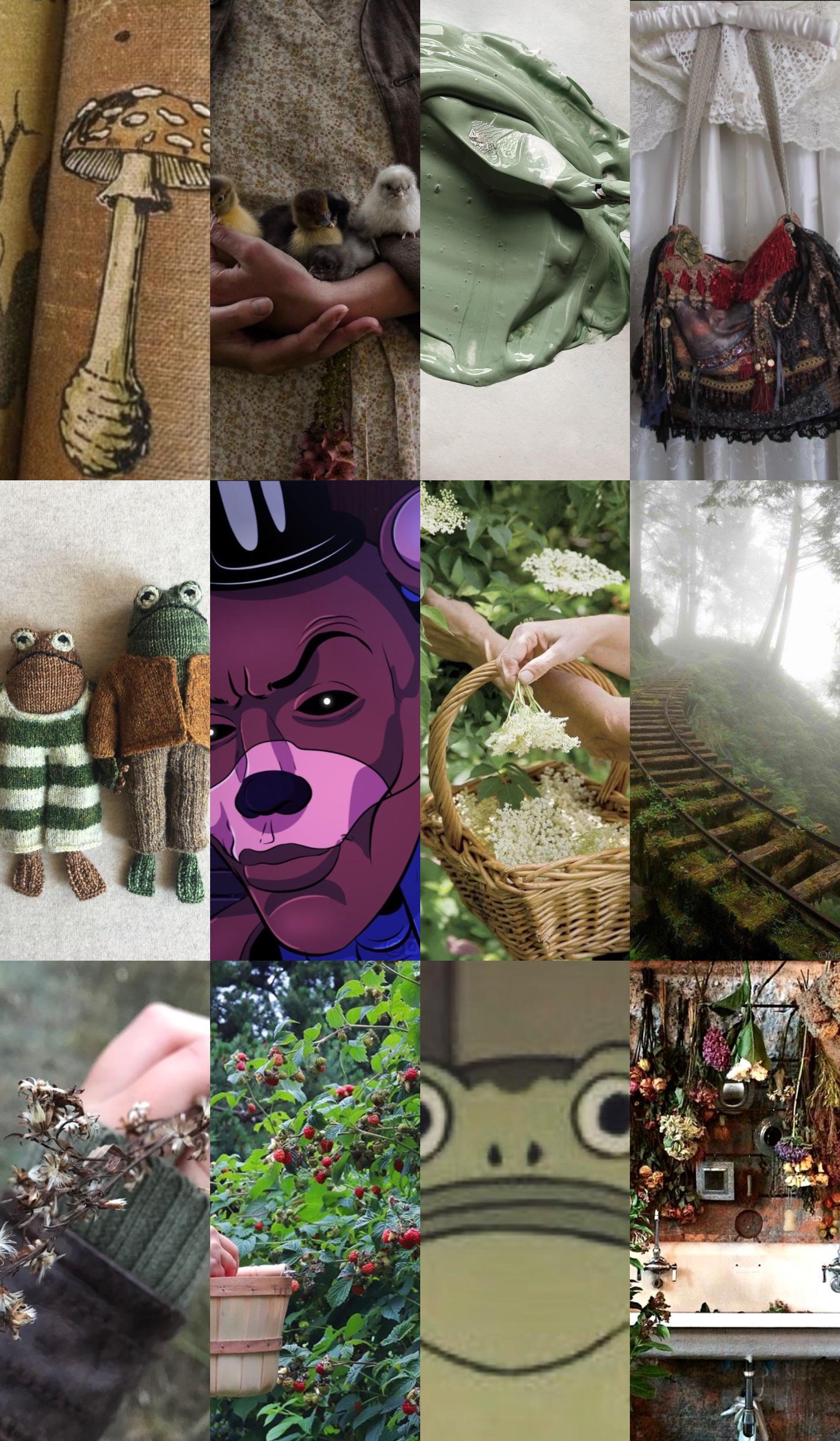 A collage of mushrooms, animals, and people. - Goblincore