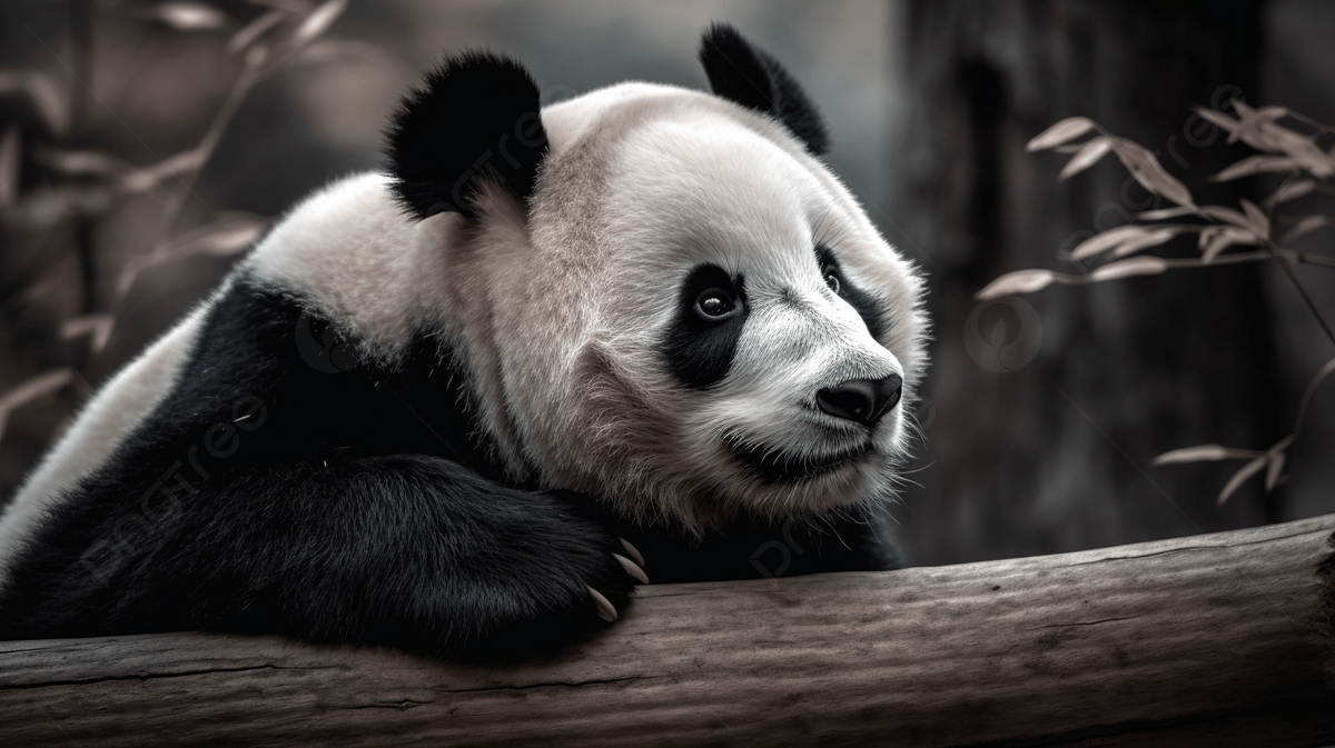 A black and white panda bear sitting on a log with a blurred background. - Panda